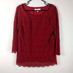 Talbots Womens Large Red Lace Blouse 3/4 Sleeve Lined Scalloped Hem Top